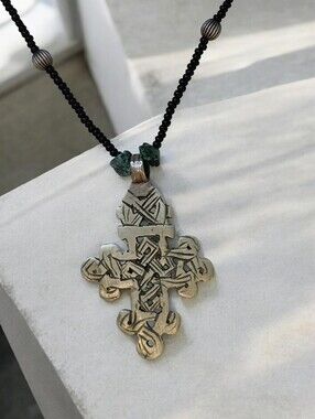 Vintage Sterling Ethiopian Coptic Cross Pendant Necklace With Turquoise
